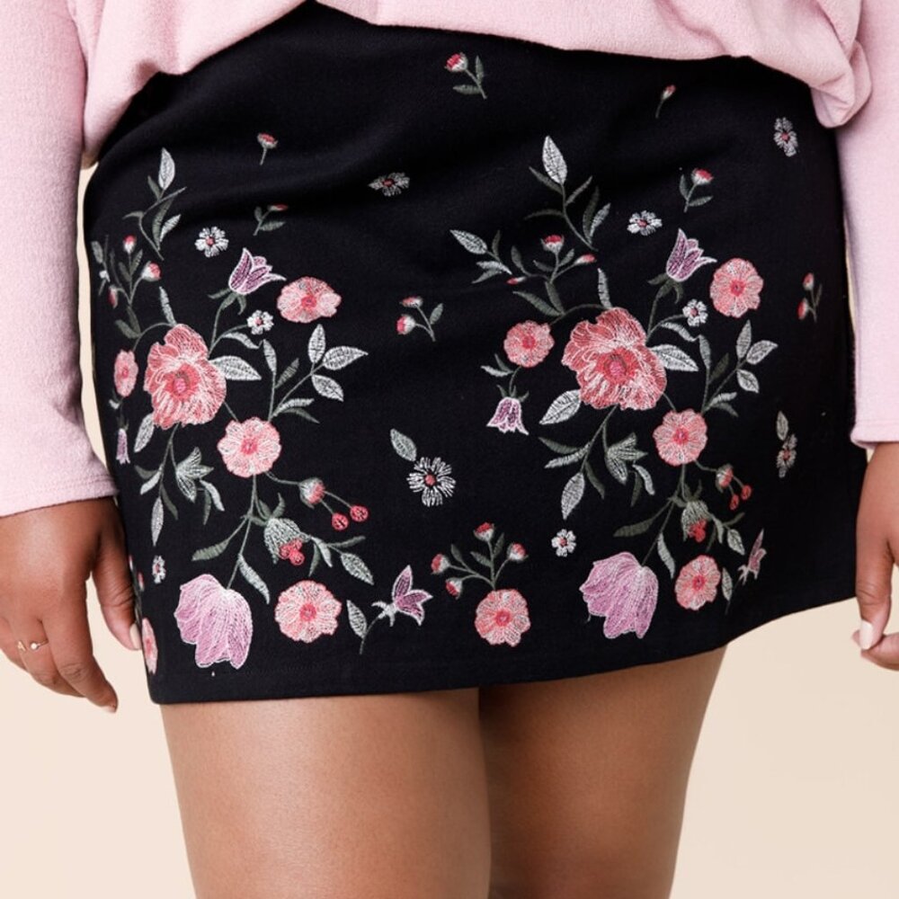 Francesca's Charlie Embroidered Floral Mini Skirt, Medium, Black